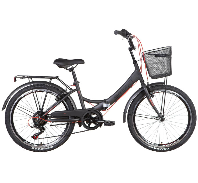 Велосипед ST 24" Formula SMART Vbr трещотка с багажником зад St, с крылом St, с корзиной St 2022 (темно-серый с красным)