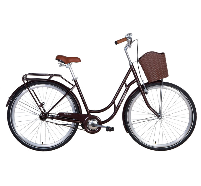 Велосипед у коробці 28" Dorozhnik CLASSIC гальмівна ST з багажником зад St, з крилом St, з кошиком Pl 2021 (коричневий)